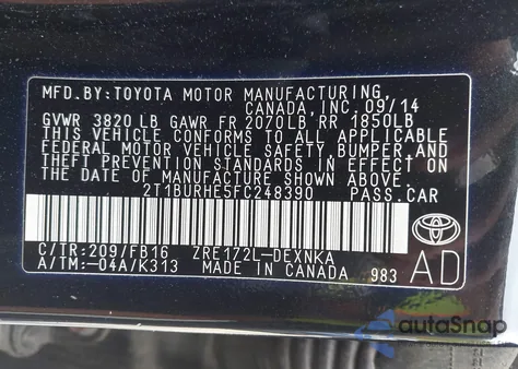 2015 Toyota Corolla Le from USA, damaged, VIN 2T1BURHE5FC248390